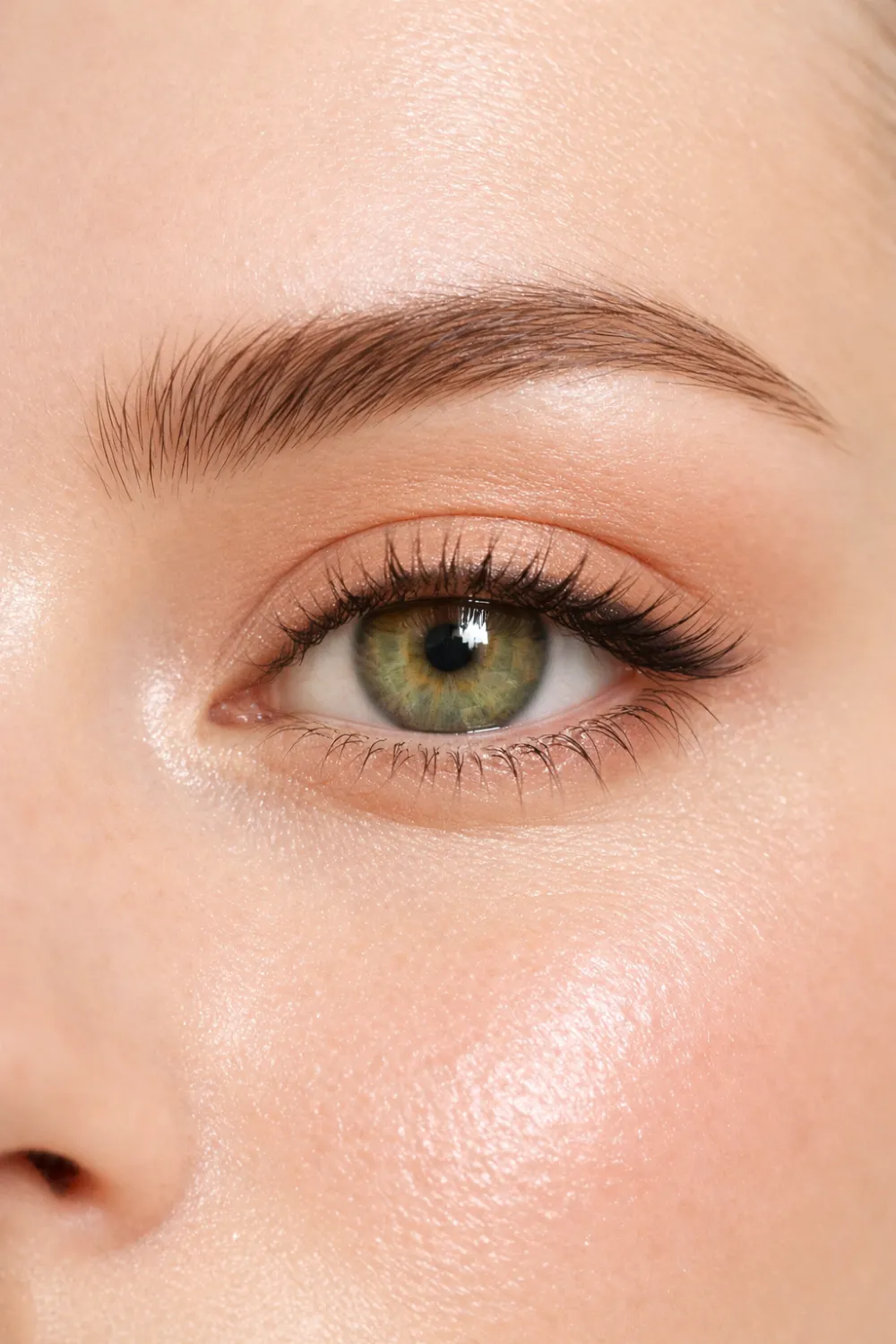 peachy nude minimal eyeshadow look for green eyes with light peach wash clean girl aesthetic makeup
