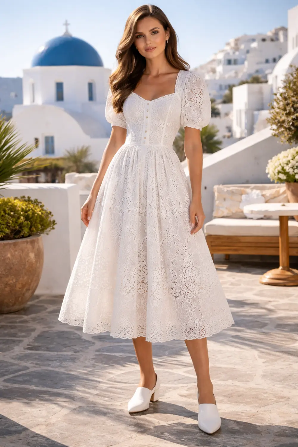 white lace midi dress elegant spring outfit vacation aesthetic look