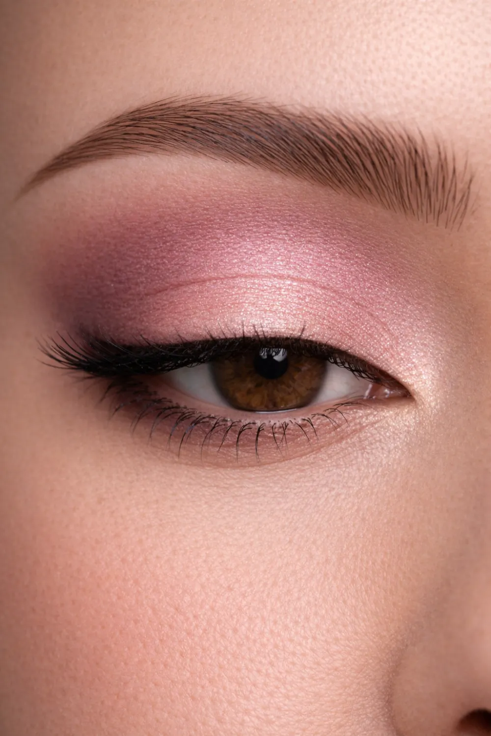 Soft pink shimmer eyeshadow look for brown eyes close up with rosy lid and blended crease romantic glam eye makeup
