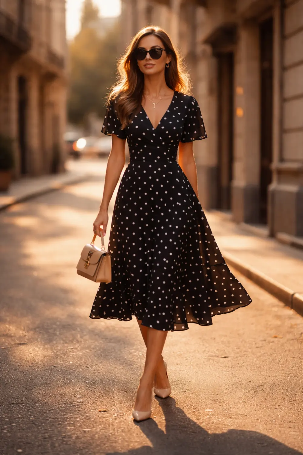 woman wearing elegant black polka dot midi dress with heels and handbag walking on city street, classy evening outfit with timeless feminine fashion