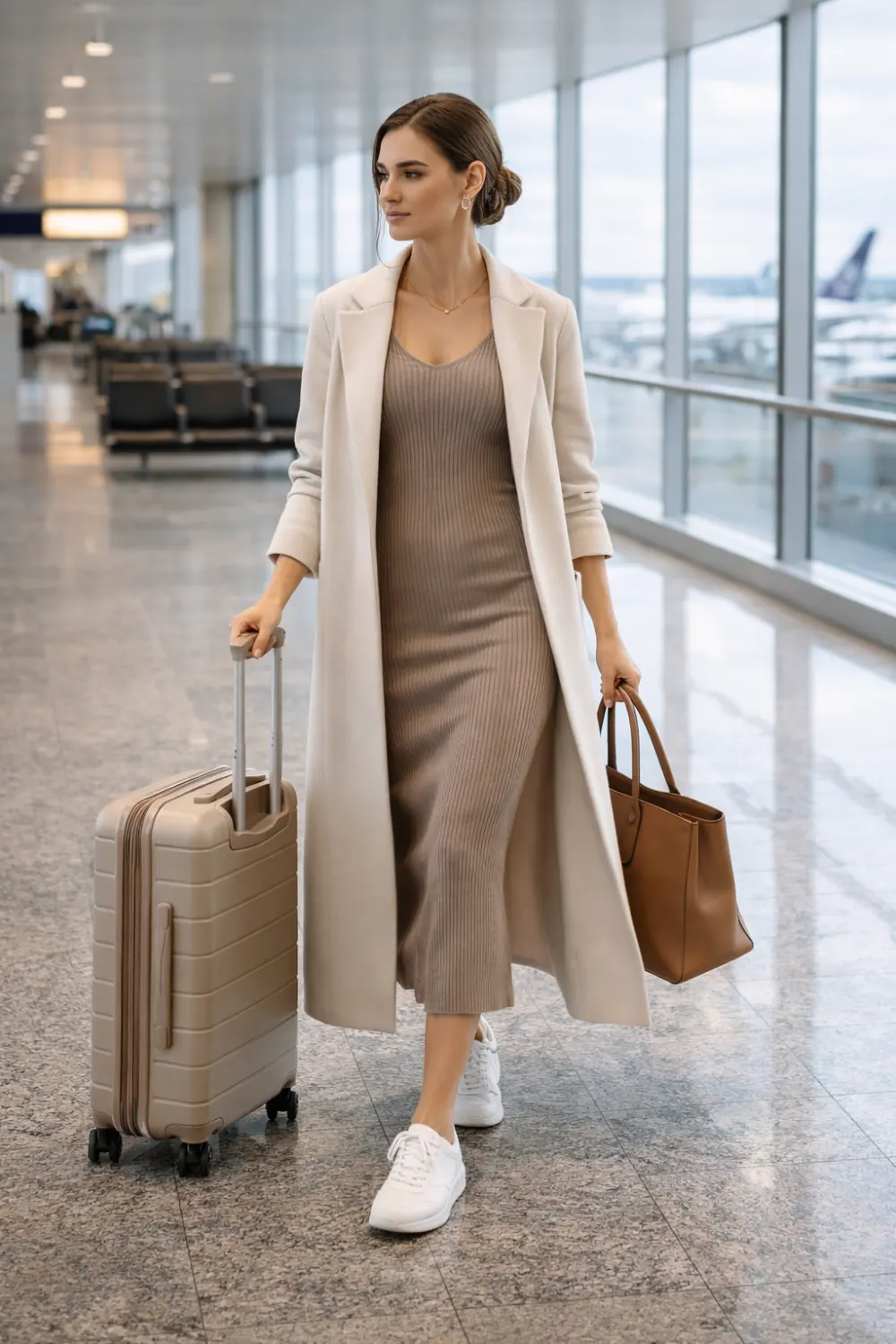 ribbed midi dress and long coat airport outfit idea elegant travel style chic airport fashion look