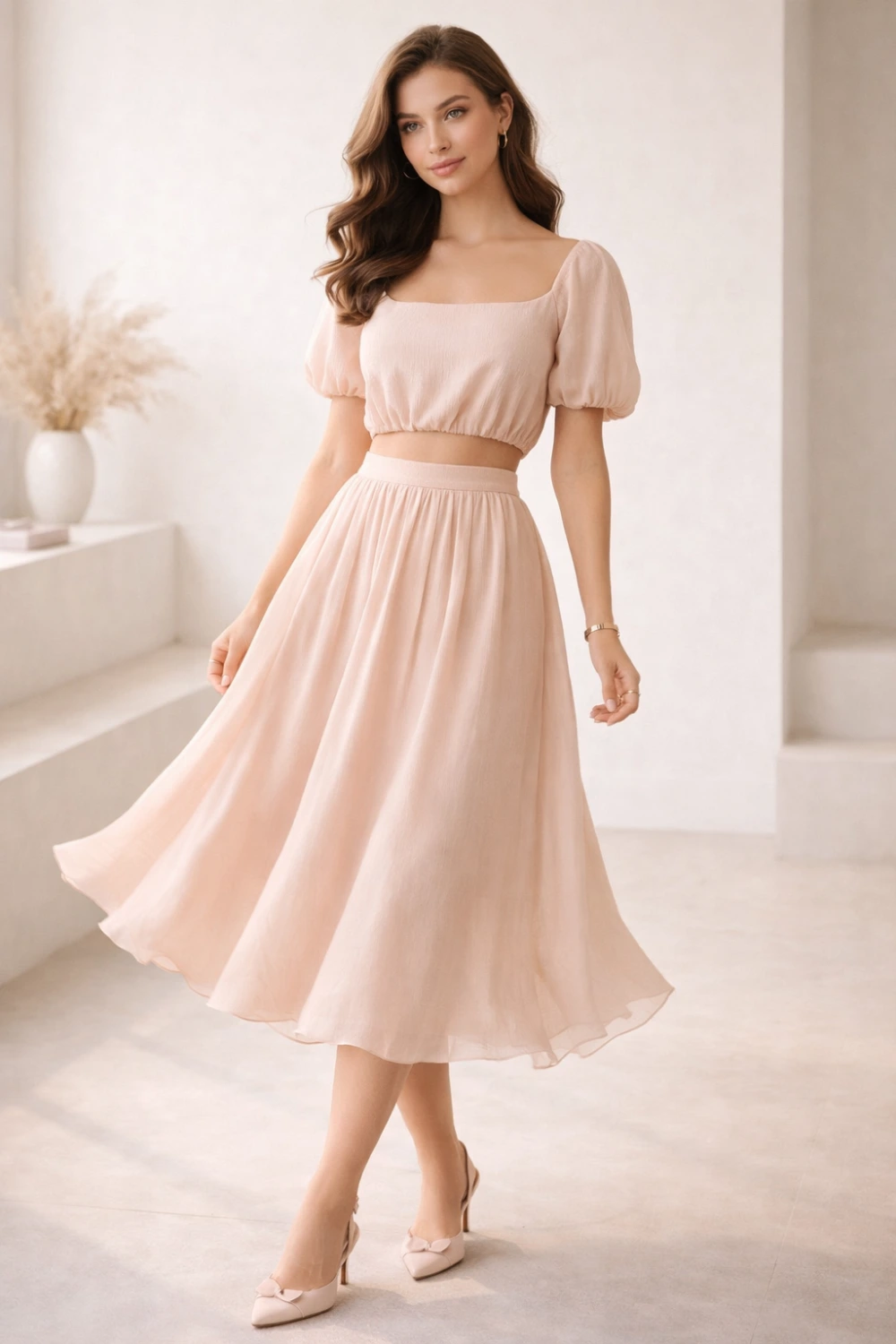 beige two piece skirt set bridal shower guest outfit trendy feminine look