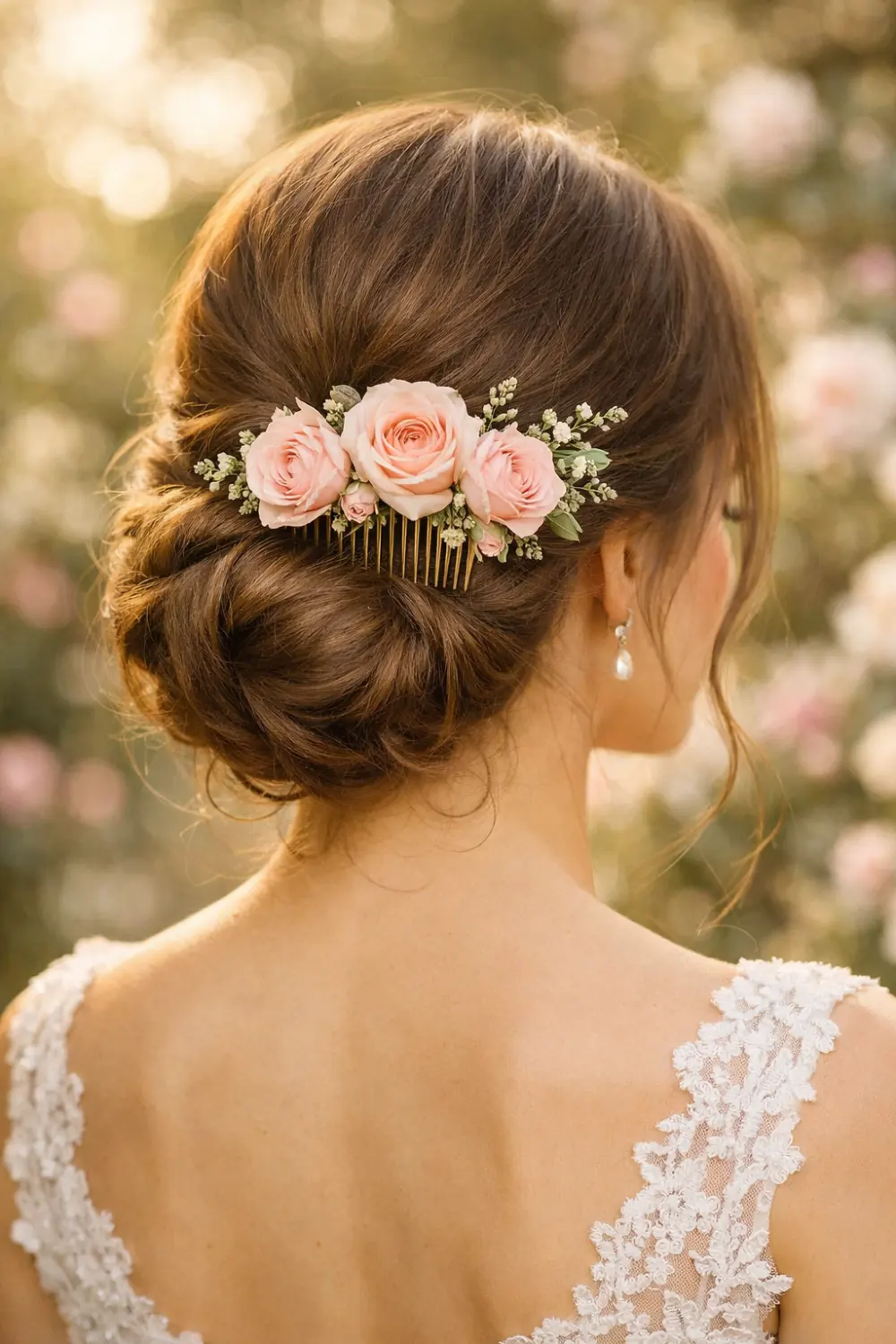 soft blush rose floral hair comb styled in elegant bridal bun romantic wedding hairstyle inspiration for classic feminine bridal hair looks