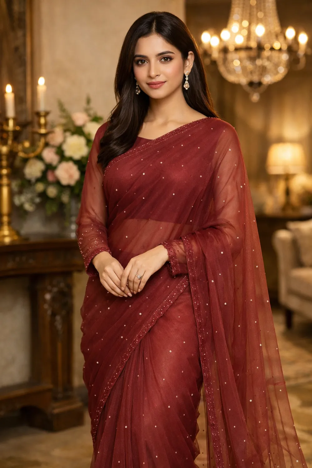 wine red luxury net saree subtle shimmer classic evening party wear designer saree