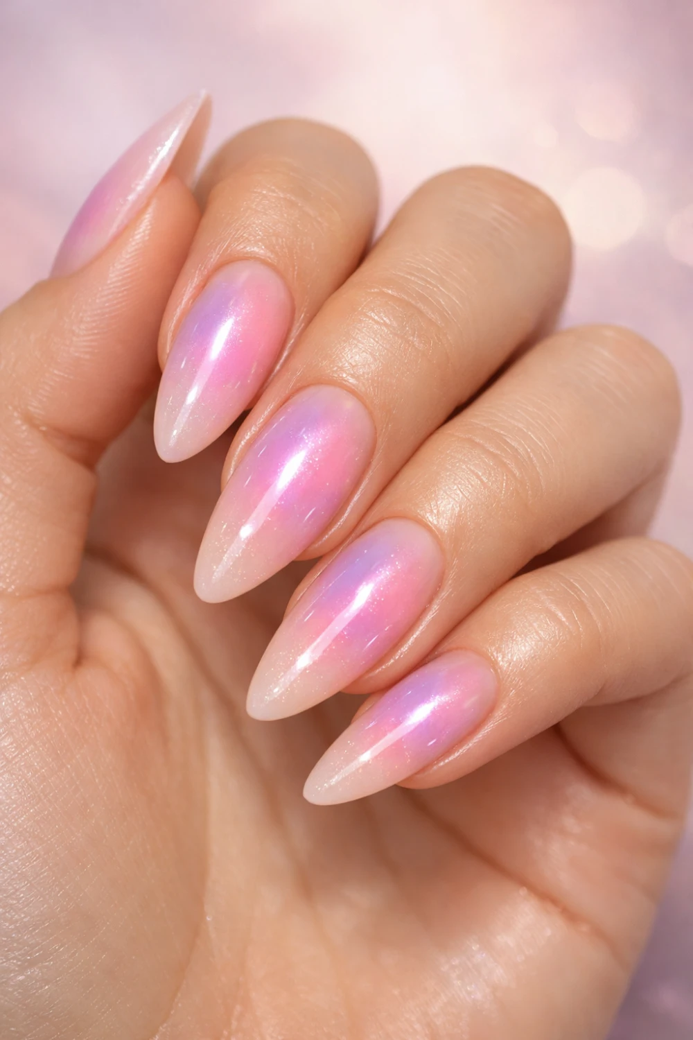 Aura ombre acrylic nails with soft pink and lavender gradient glow creating dreamy glossy manicure perfect for modern nail inspiration.