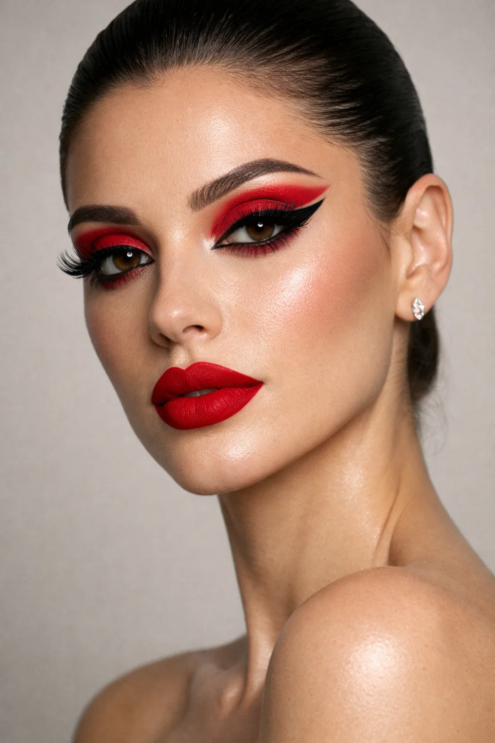 Cherry red cut crease makeup look with dramatic winged liner bold red lips and glowing skin creating a high fashion beauty style perfect for glam makeup inspiration
