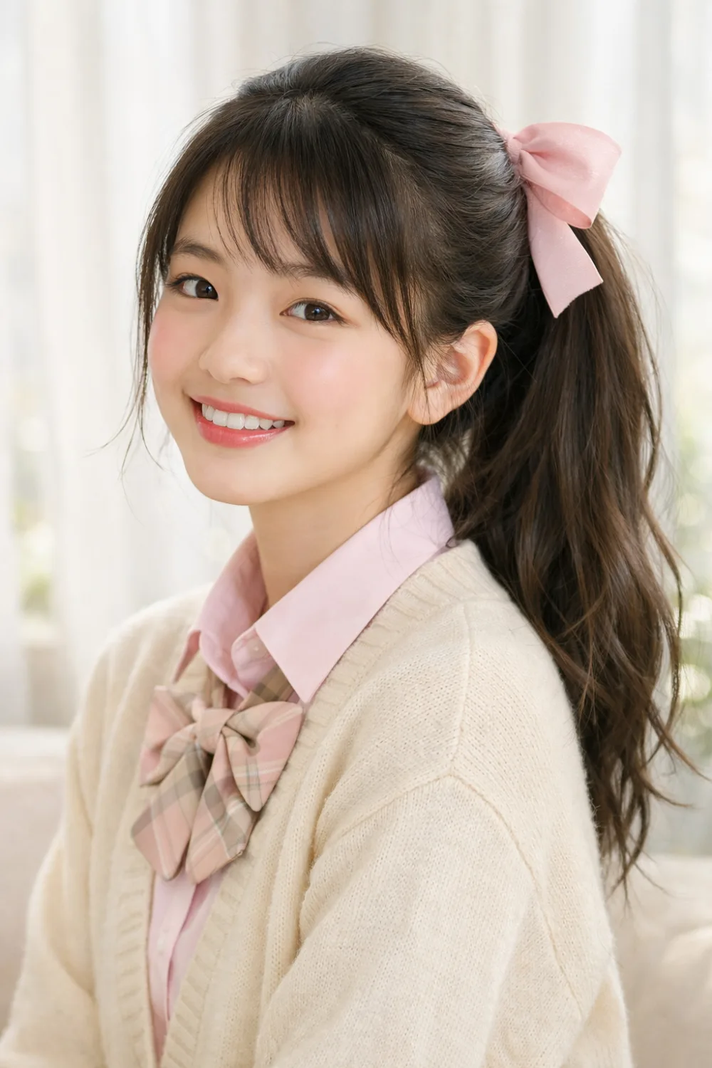 Ribbon bow ponytail hairstyle for school girls with long hair tied using a cute ribbon bow, adorable hairstyle idea that looks sweet and stylish.