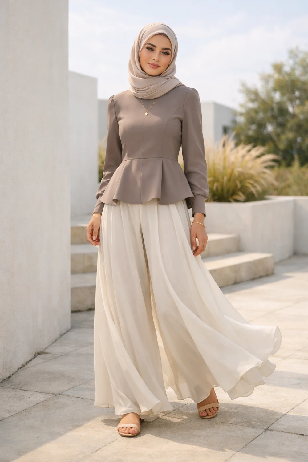 Elegant modest outfit featuring wide palazzo pants with a structured top and hijab, creating a graceful and feminine modest fashion style.