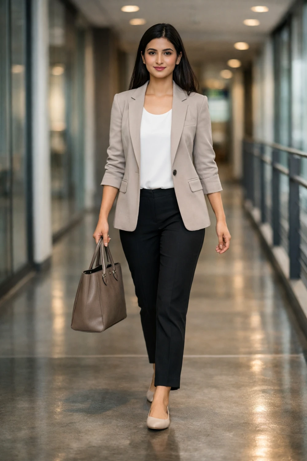 taupe blazer black tailored pants career fair outfit women professional