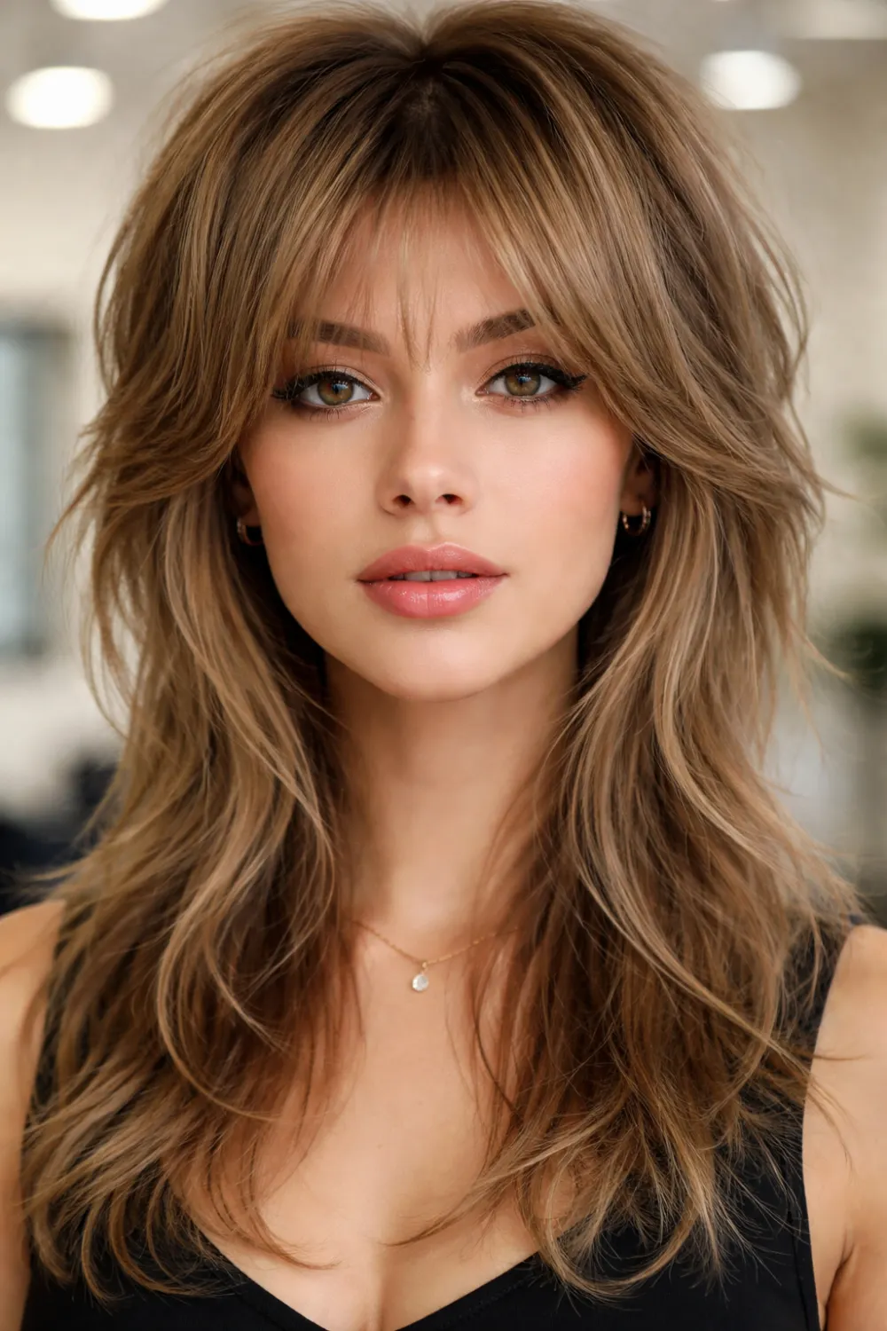 shaggy layered haircut with wispy bangs textured medium long hair, modern shag hairstyle, soft messy layers