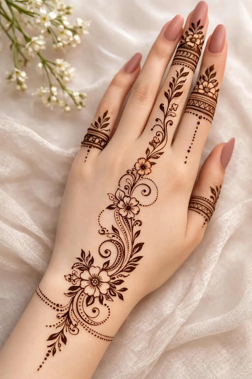 elegant floral vine arabic mehndi design for back hand with fine line detail simple modern mehndi for eid and weddings