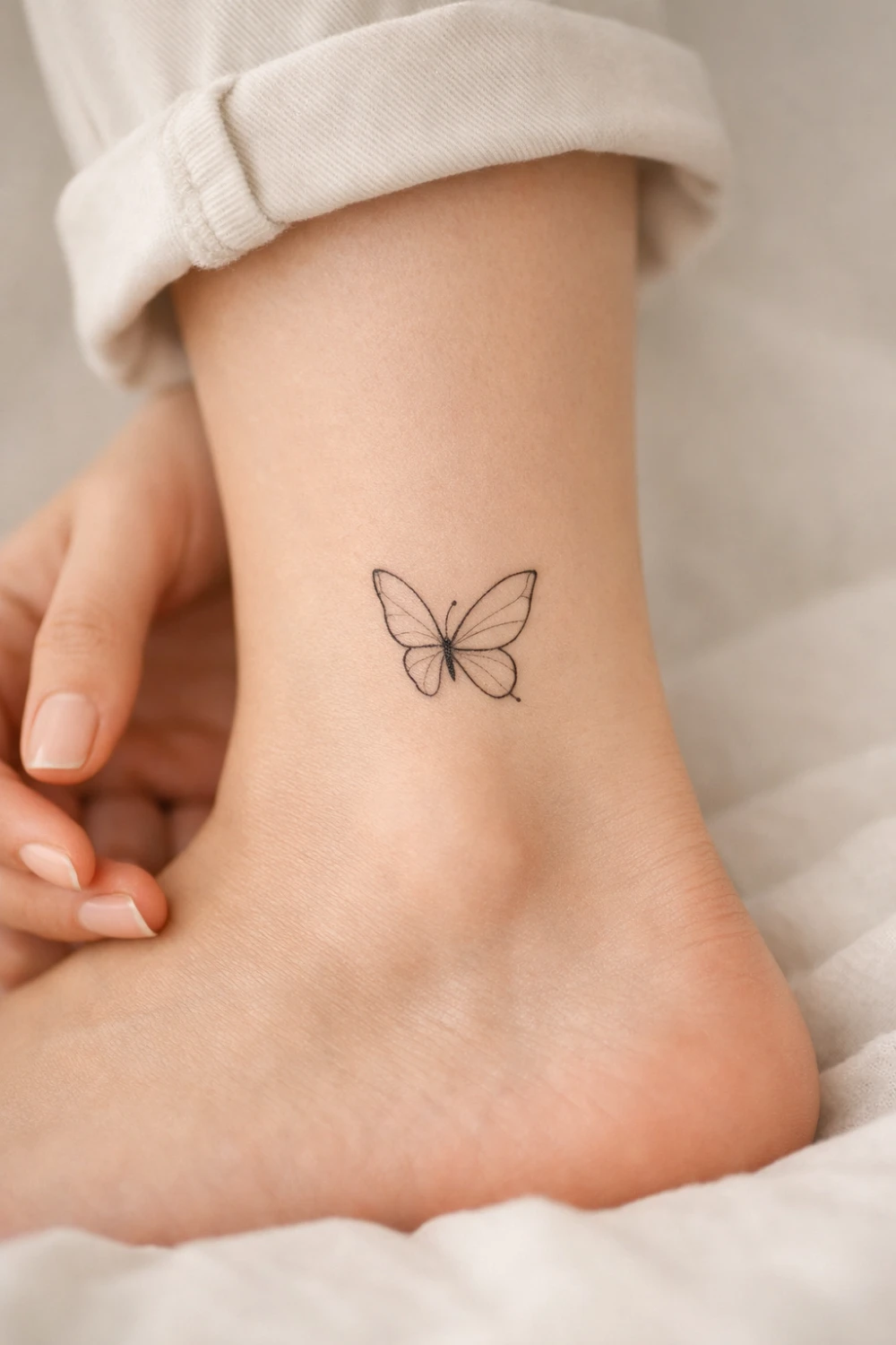 small butterfly ankle tattoo with delicate fine line wings, feminine ankle tattoo design symbolizing beauty freedom and transformation