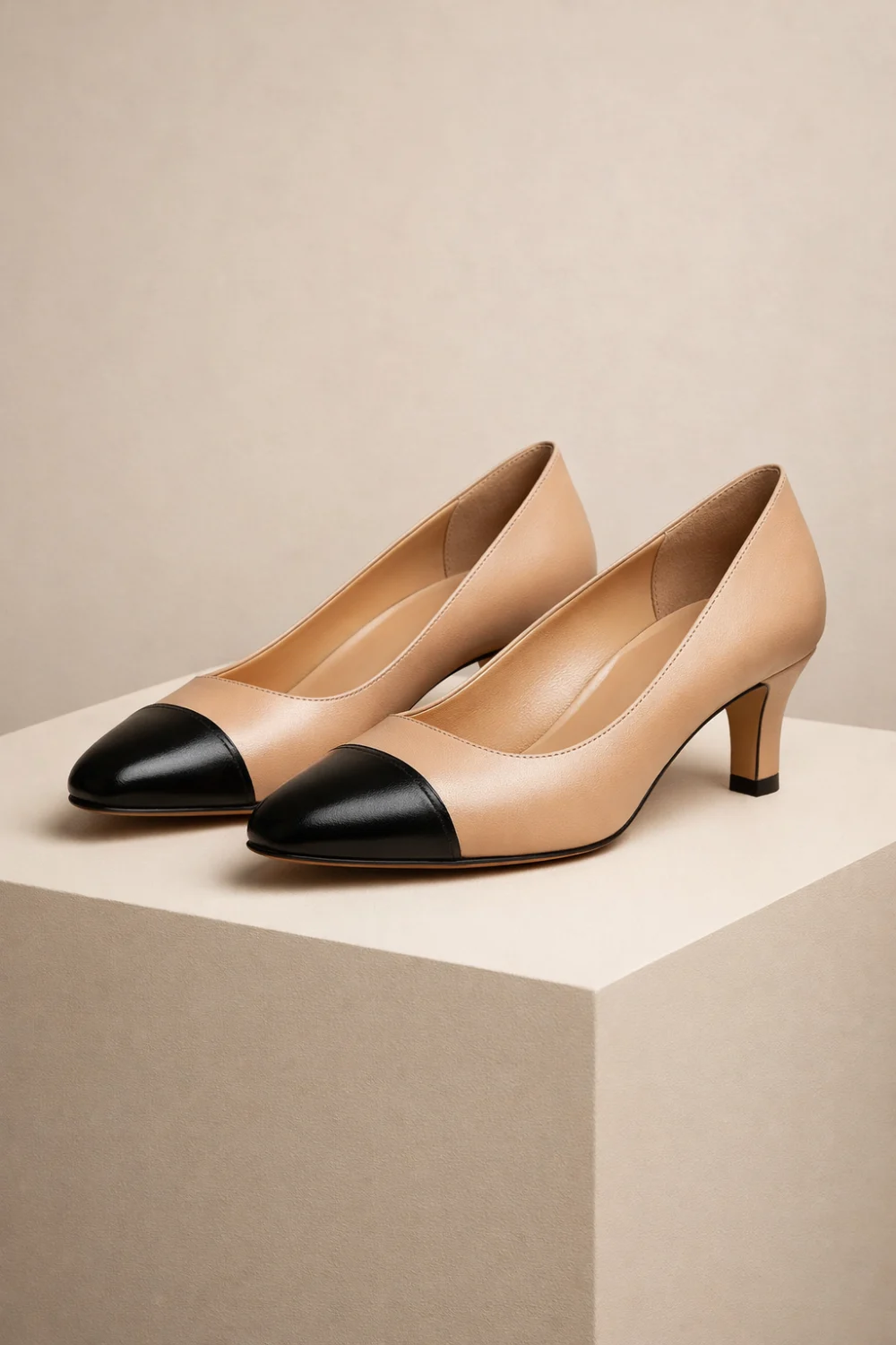 two tone cap toe pumps old money shoes beige black classic elegant quiet luxury heels