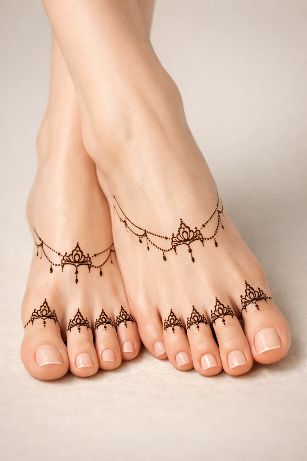 Minimal toe ring mehndi pattern with delicate chains