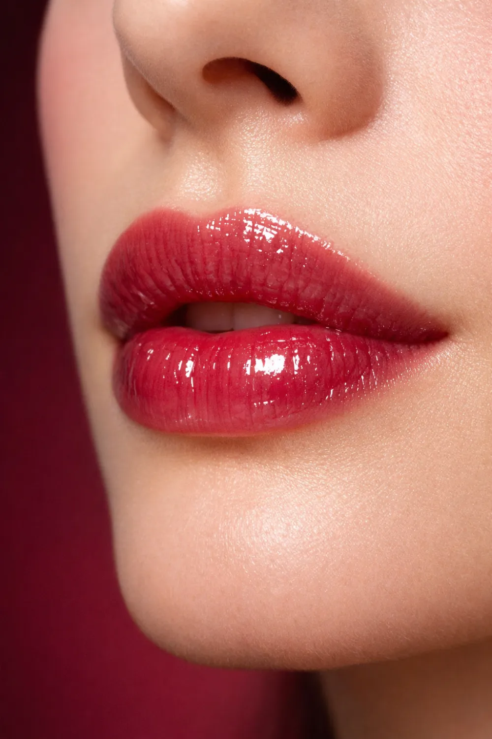 Glossy cherry red lipstick shade bold shiny lips makeup