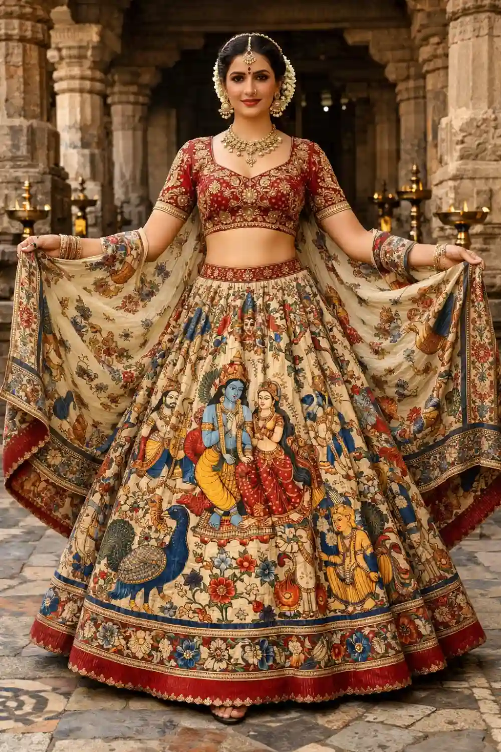 Kalamkari print lehenga with traditional Indian art inspired design outfit