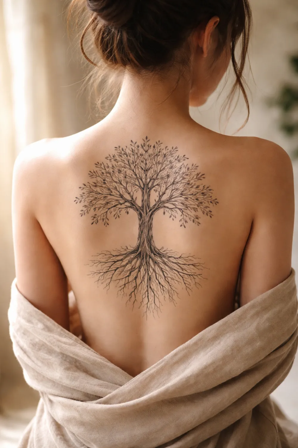 tree of life back tattoo for women detailed roots and branches spiritual feminine tattoo