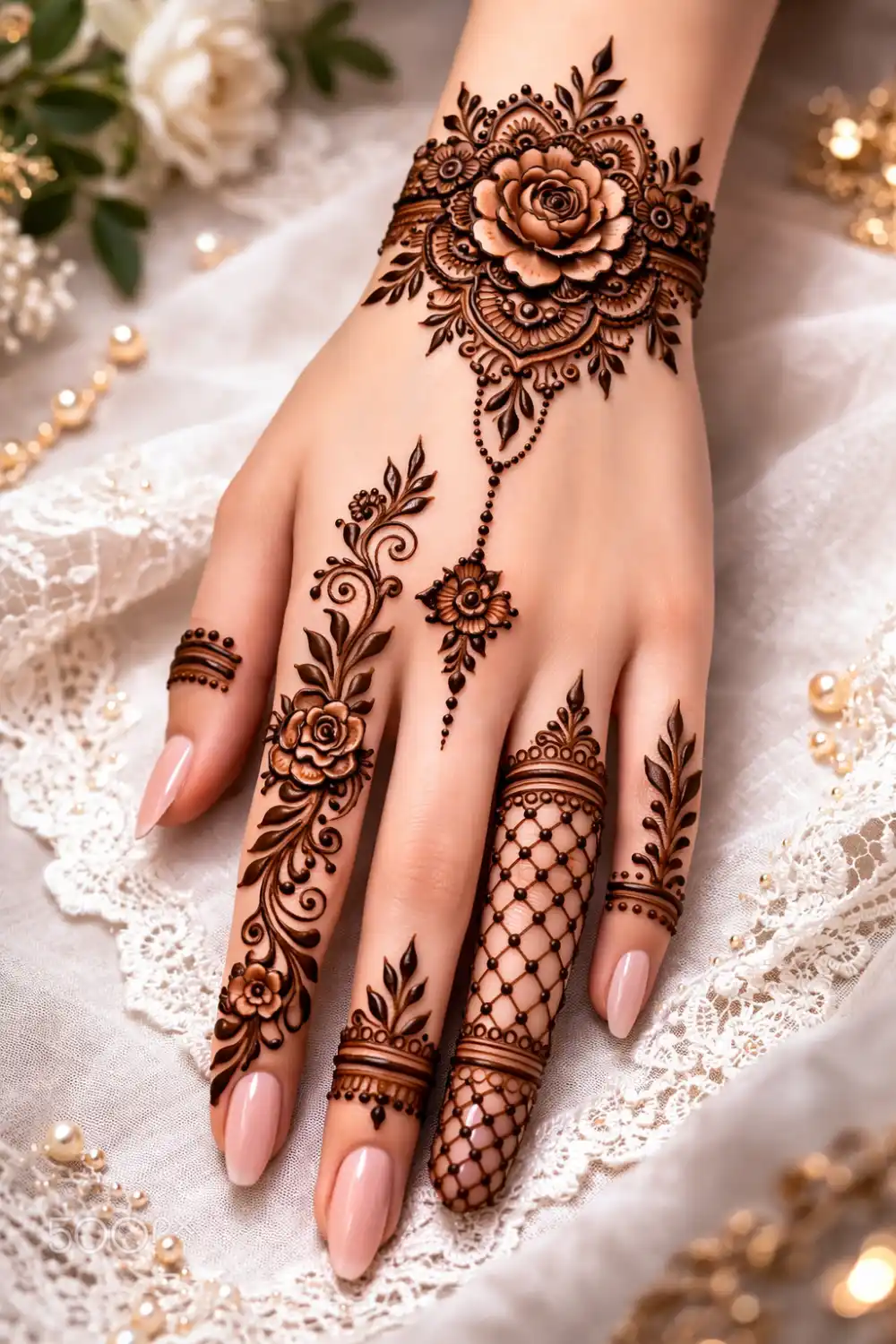 rose bracelet mehndi design across wrist with floral center and delicate chain elements elegant henna style