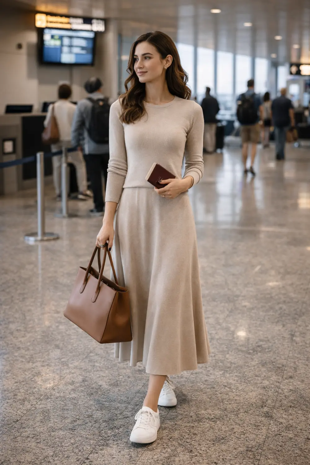 minimal knit dress airport outfit idea elegant travel style neutral airport fashion look with sneakers