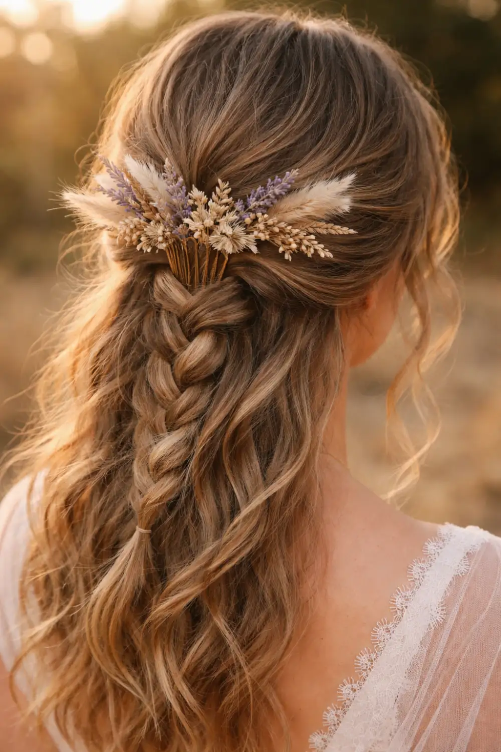 boho dried flower hair comb with lavender wheat and pampas grass styled in braided half up hairstyle rustic wedding hair inspiration