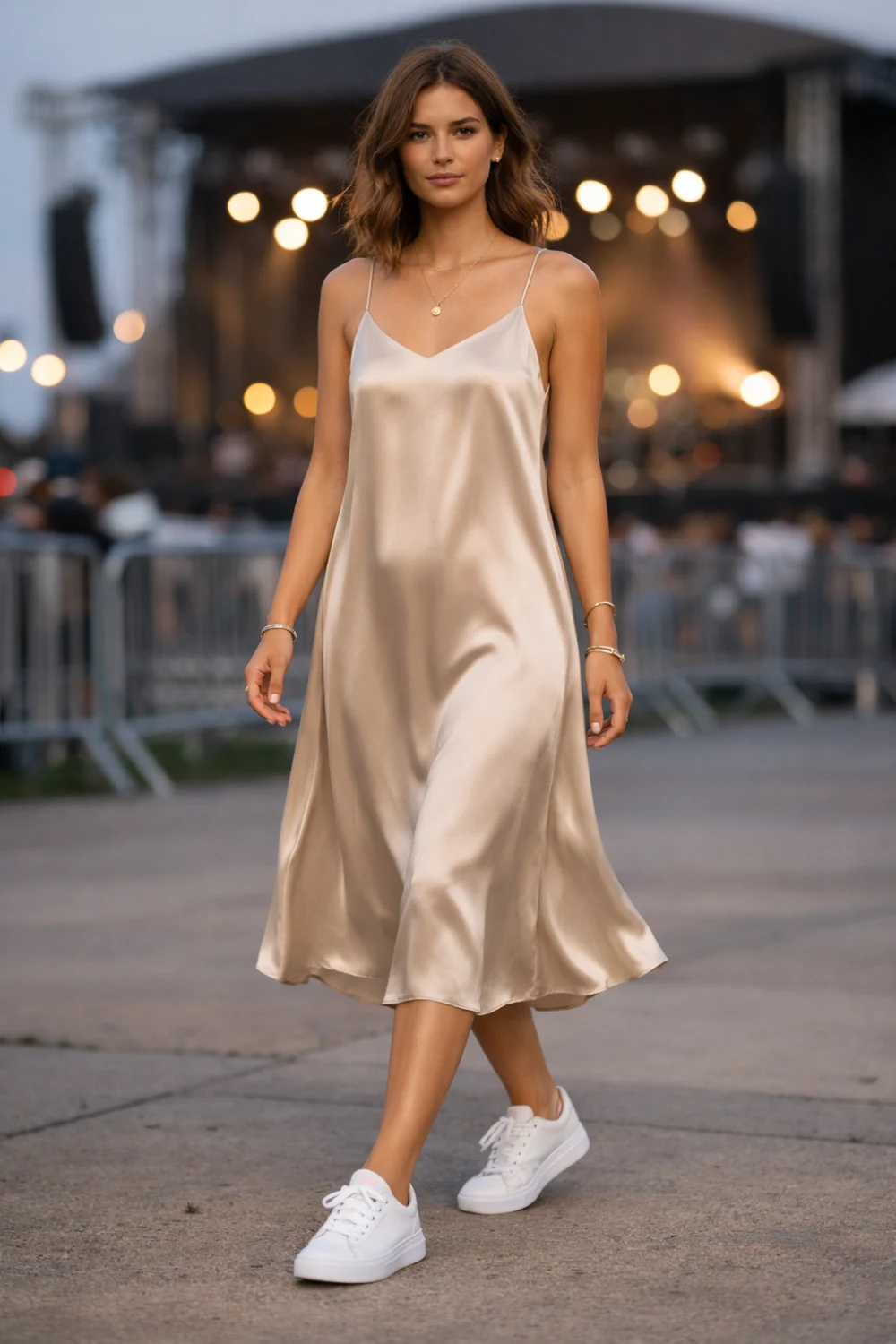 satin slip dress with white sneakers stylish summer concert outfit women comfortable concert outfit ideas