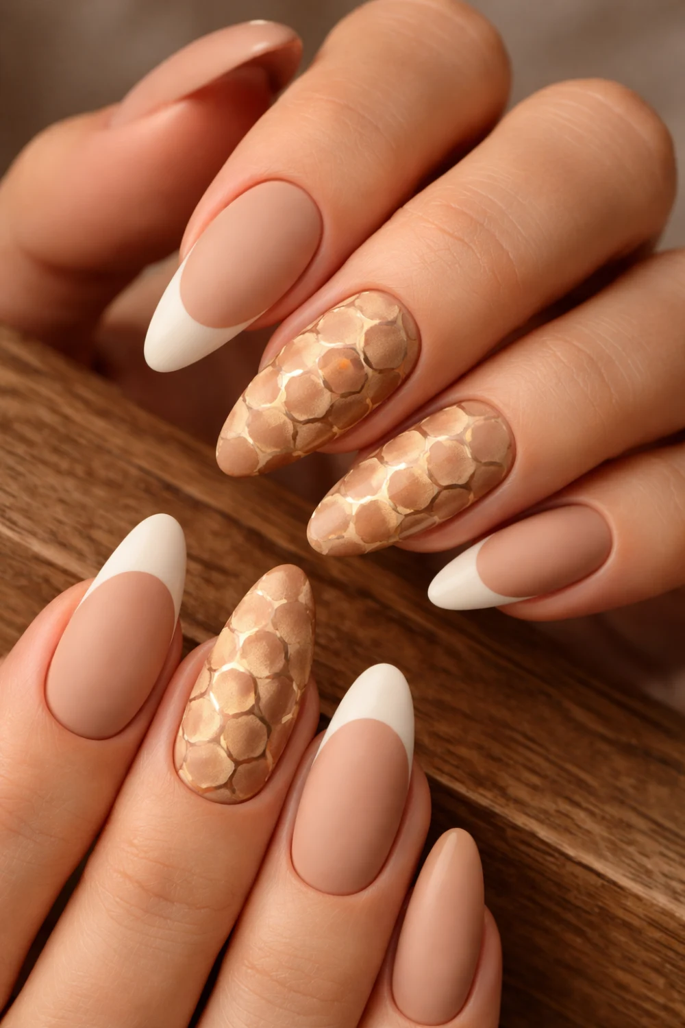 matte nude nails with gold honeycomb nail art and french tips luxury almond manicure inspiration for stylish matte nails
