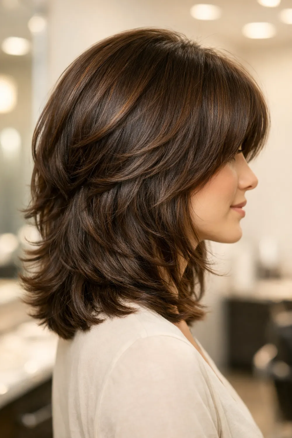 medium shaggy layered haircut side view with soft choppy ends, textured shoulder length hair, modern layered cut