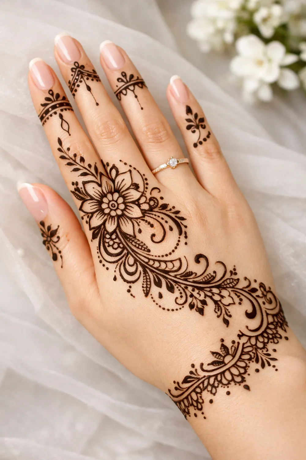 graceful floral trail arabic mehndi simple trending back hand mehndi design with fine line detail