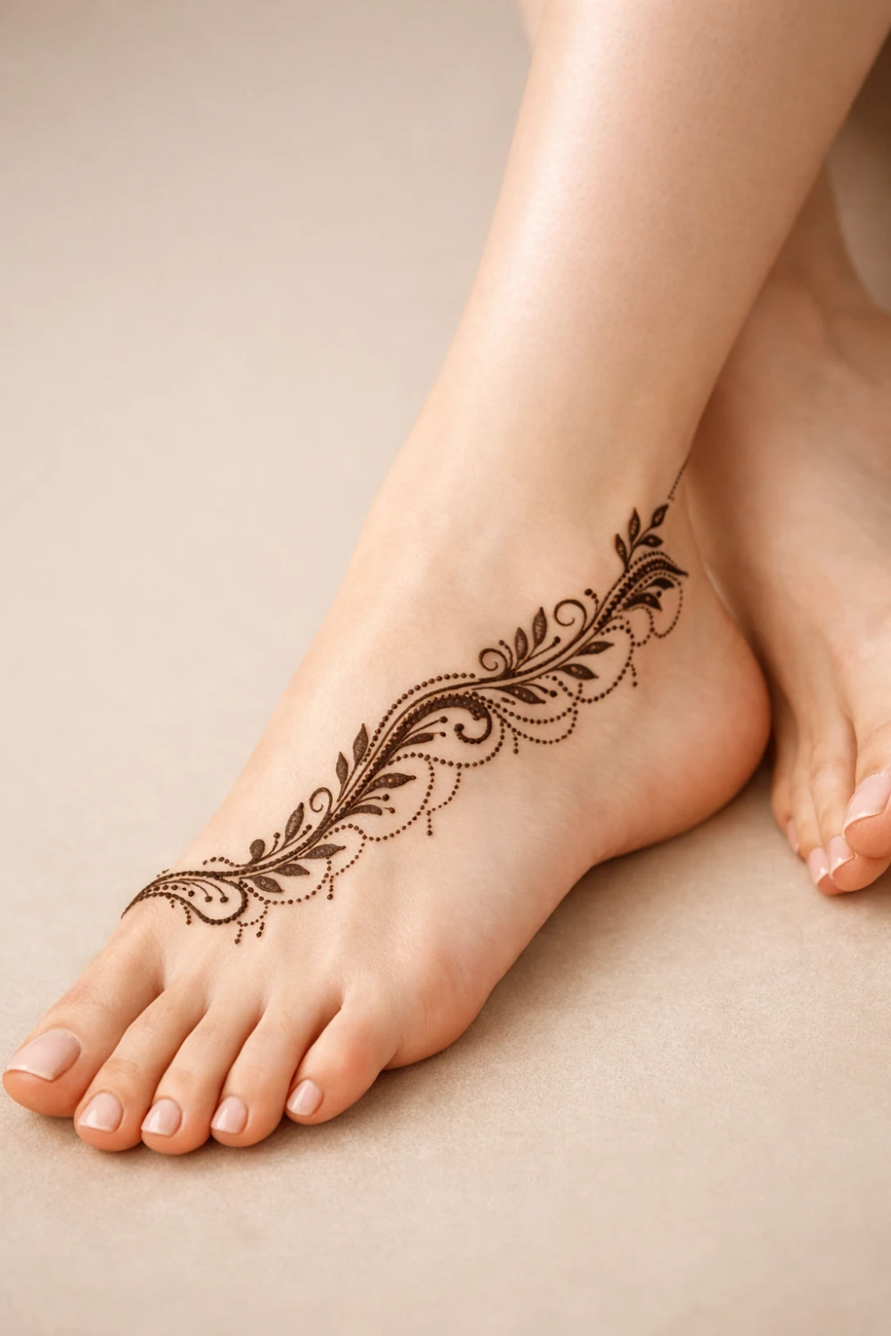 Leafy vine mehndi pattern flowing along the side of the foot