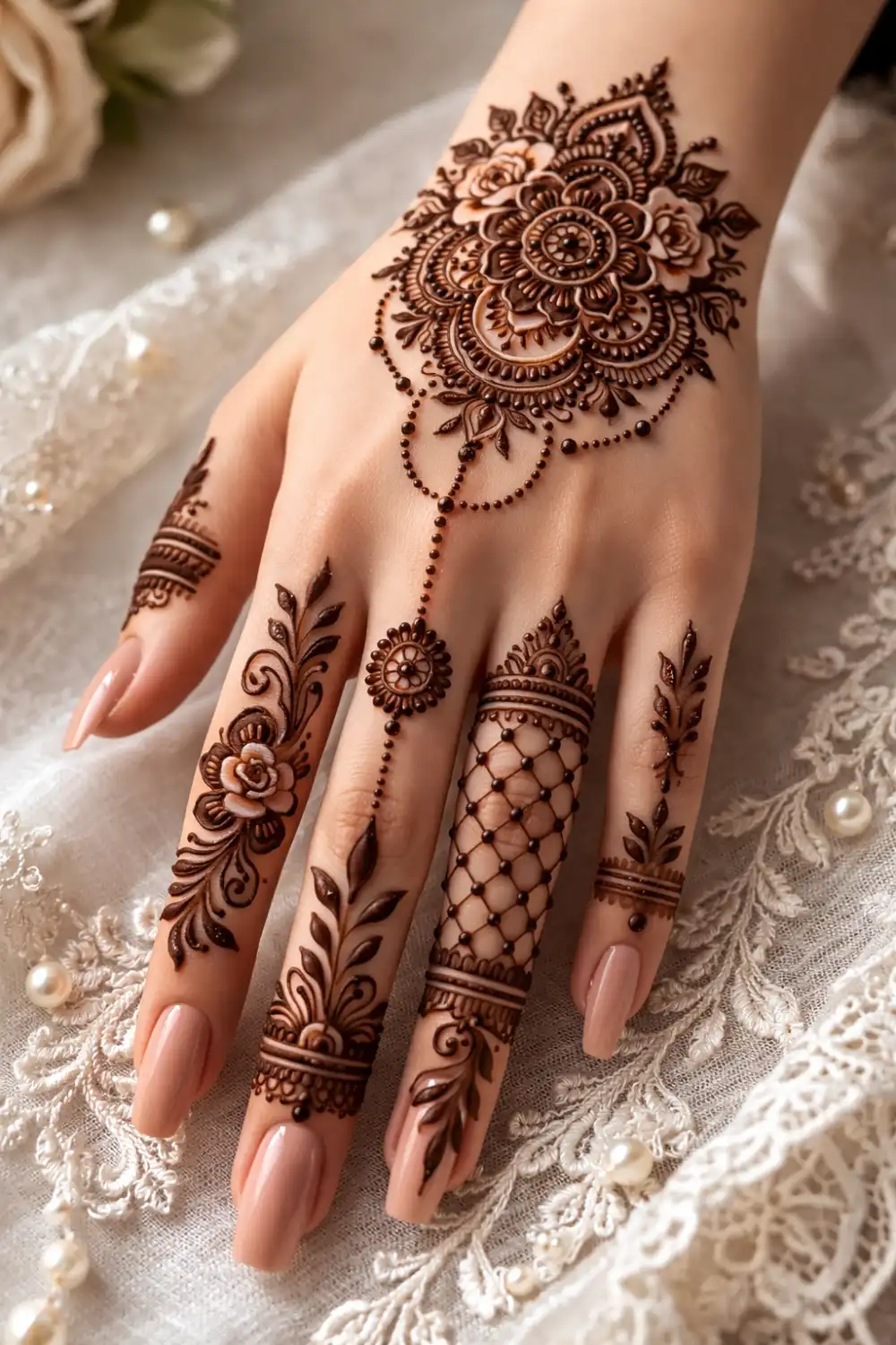 royal floral mandala mehndi design with intricate layered petals detailed finger patterns elegant henna style