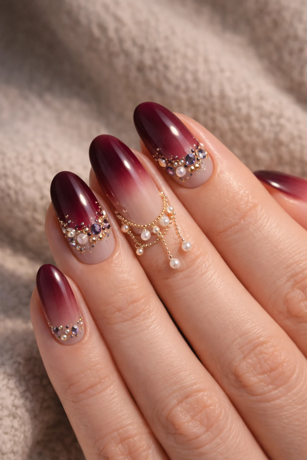 burgundy ombre nails with pearl chains and crystals luxury nails