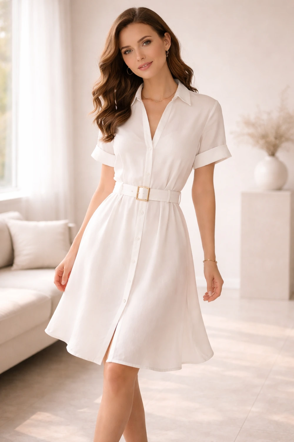 white belted shirt dress bridal shower guest outfit casual chic daytime look