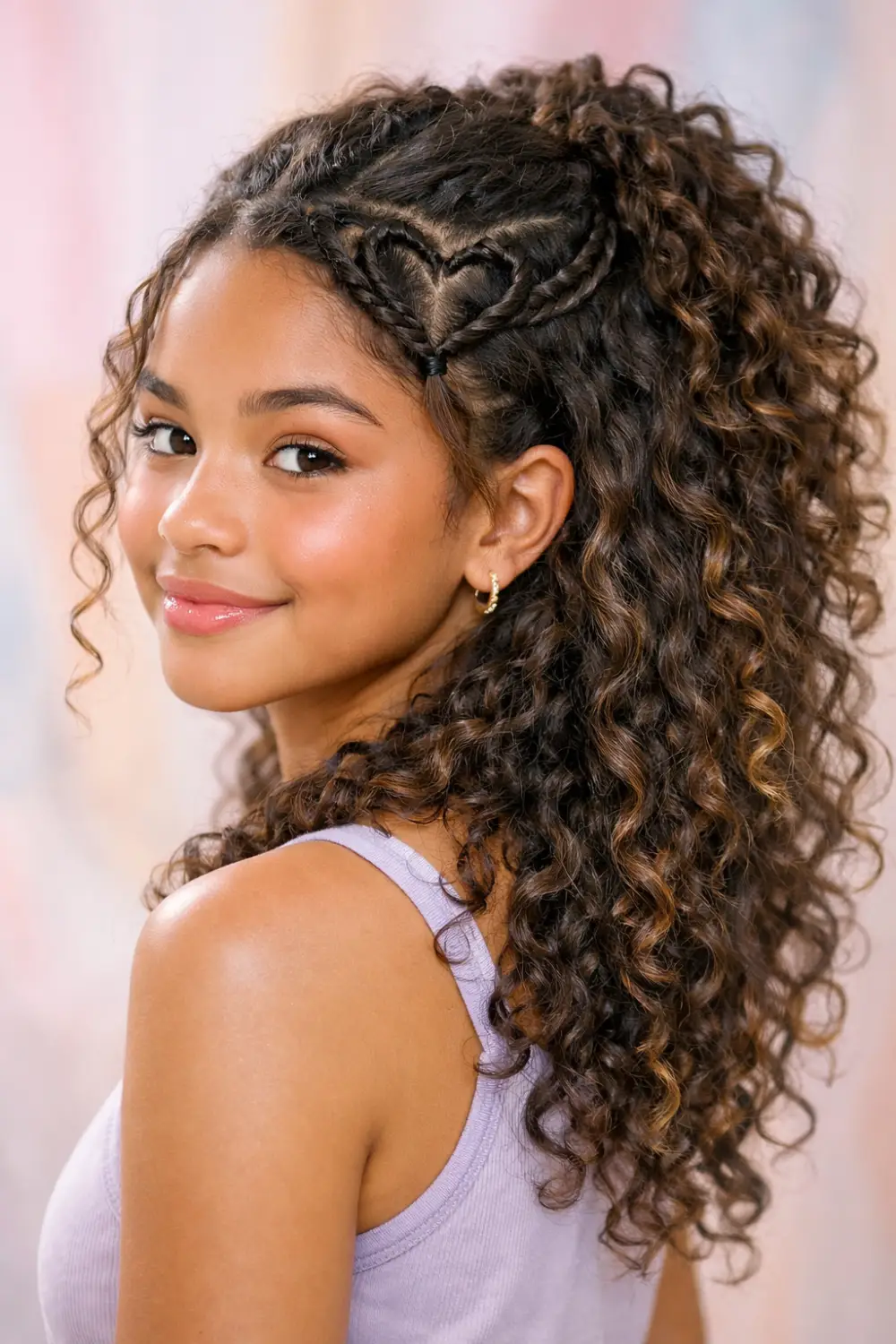 Heart braided hairstyle for school girls with creative braid design forming a heart shape, cute trendy hairstyle idea that looks unique and stylish.