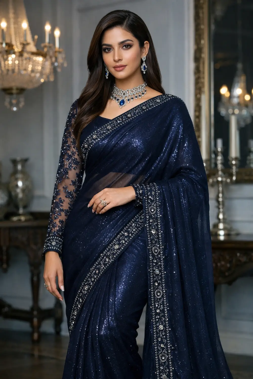 navy blue sequin luxury net saree heavy embellished reception party wear designer saree outfit