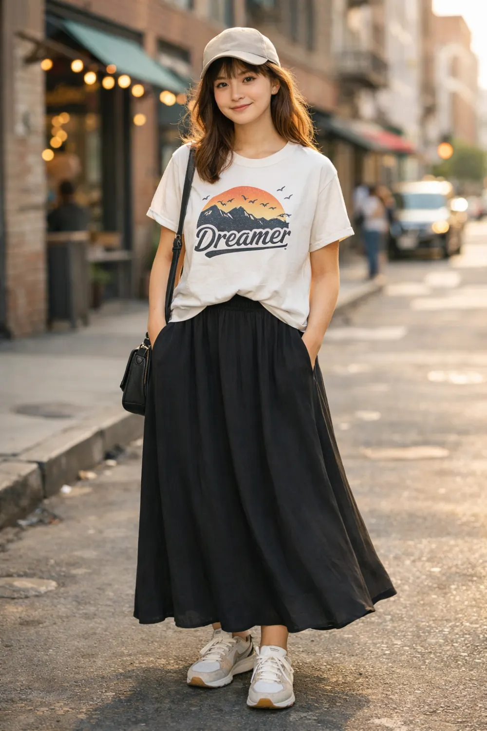 Trendy modest outfit featuring a maxi skirt paired with a graphic tee and sneakers for a casual street style modest fashion look.