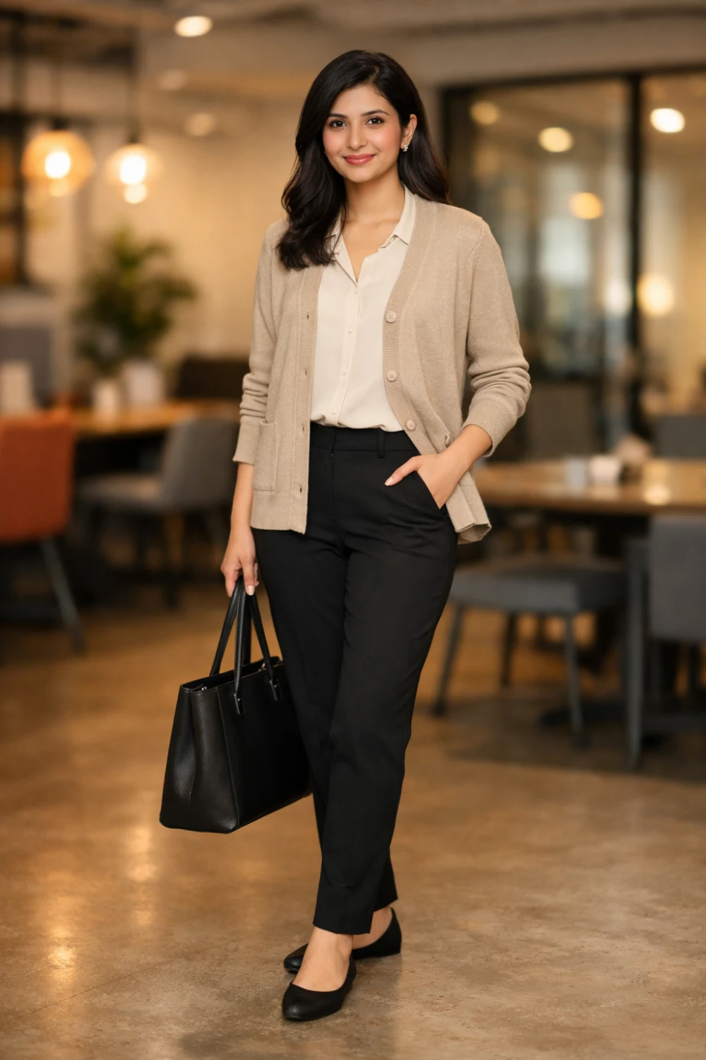 neutral cardigan black pants business casual career fair outfit women
