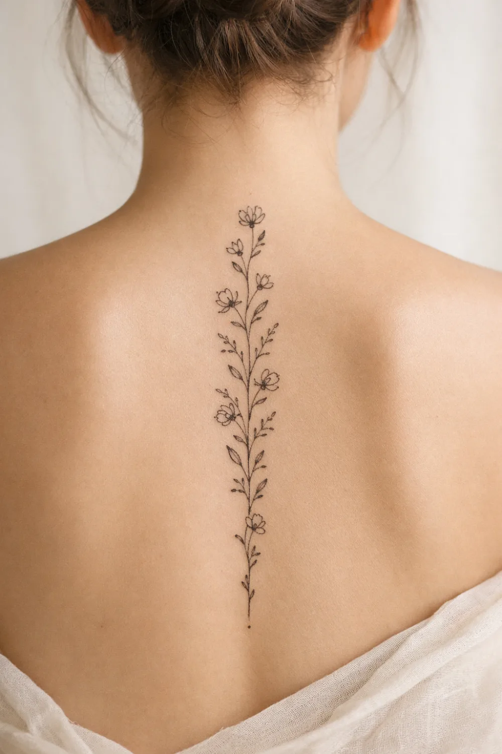 floral spine tattoo running vertically along the back with fine line flowers and leaves, elegant botanical tattoo design symbolizing growth beauty and personal evolution