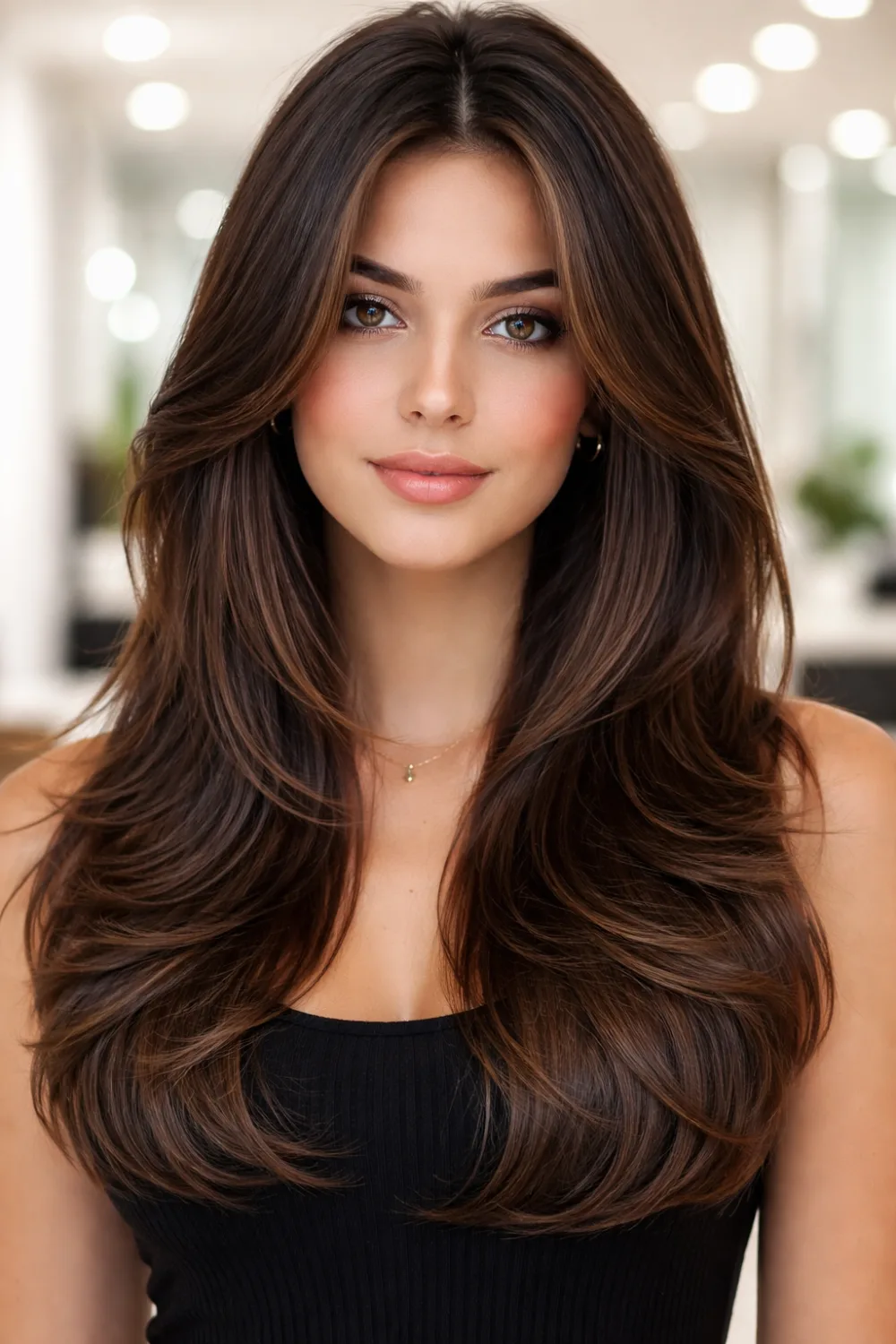 soft blowout layered haircut front view glossy voluminous long hair, smooth salon blowout layers, women hair trend