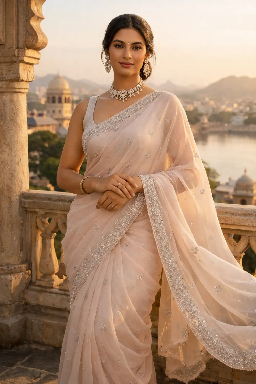 Soft net designer saree with delicate embroidery elegant Indian evening outfit