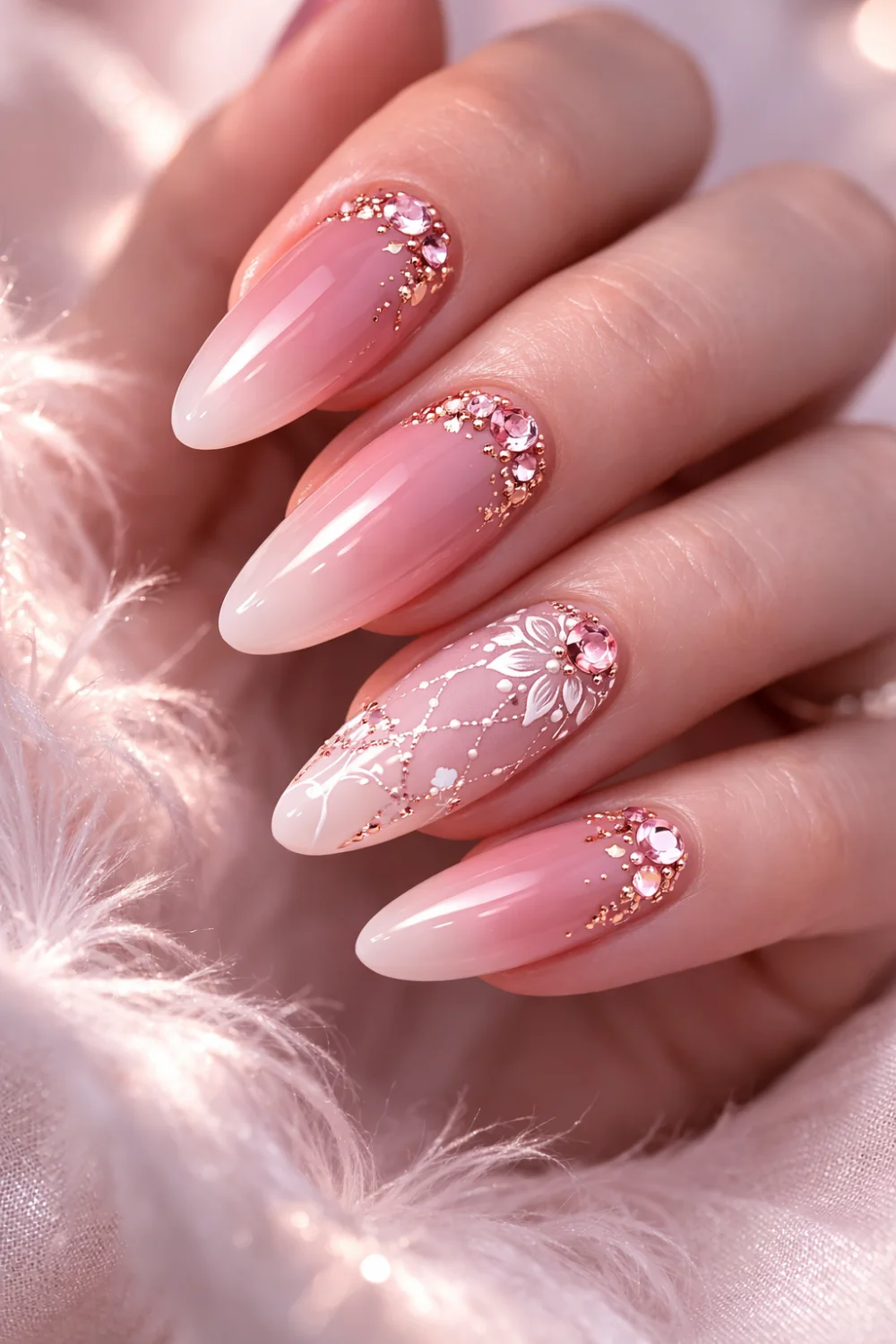 soft pink ombre nails with rose gold gems and lace nail art elegant