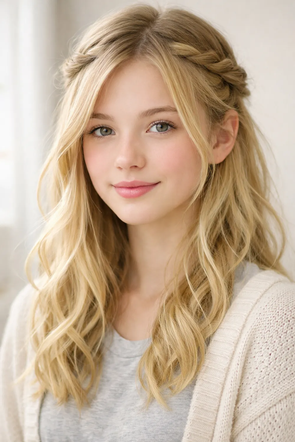 Twisted crown hairstyle for school girls with soft twists from both sides creating a crown effect, elegant cute hairstyle idea that looks natural and stylish.