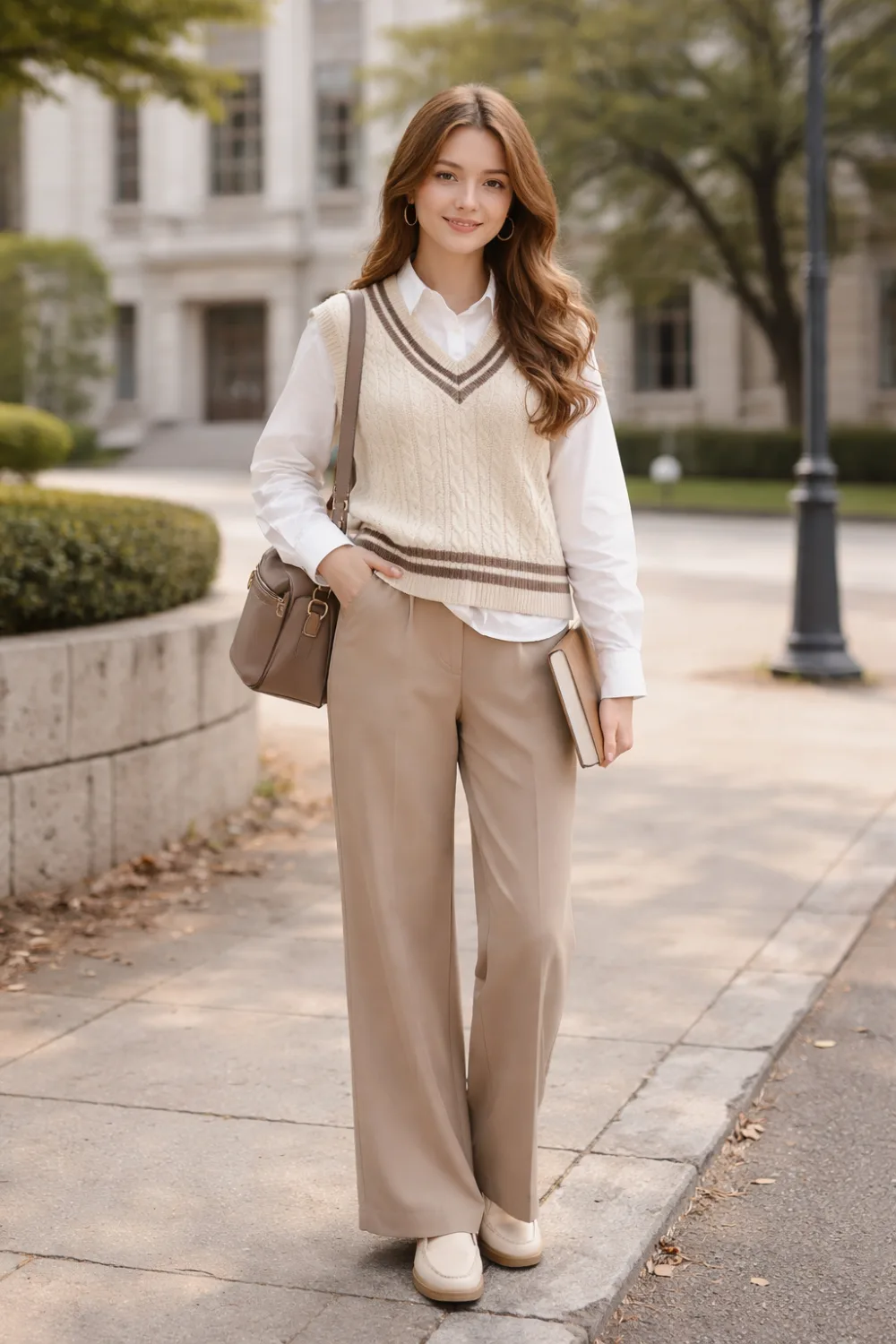 Preppy modest outfit featuring a sweater vest layered over a white shirt with relaxed trousers for a chic smart casual modest look.
