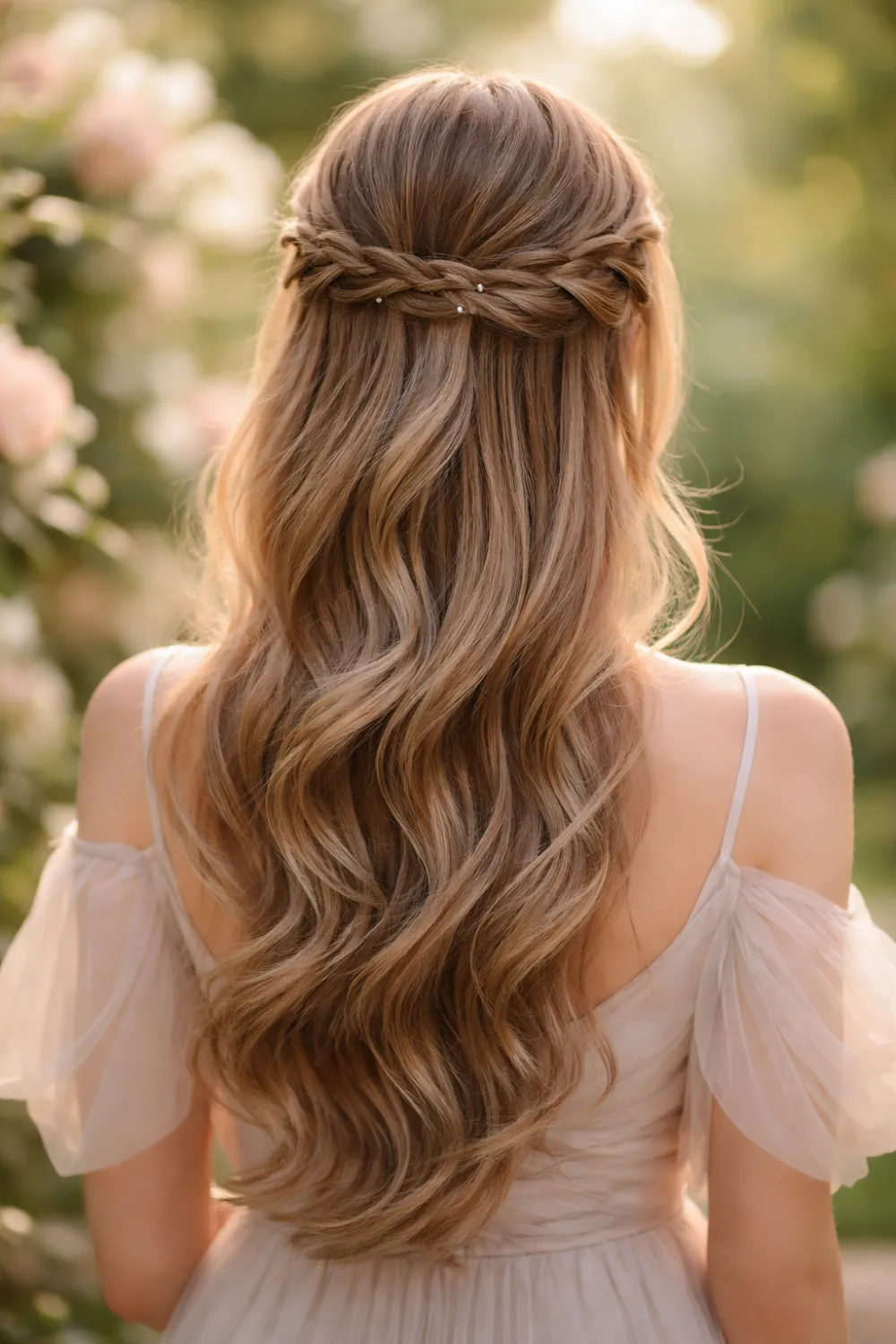 romantic half up braided waves elegant updo hairstyle
