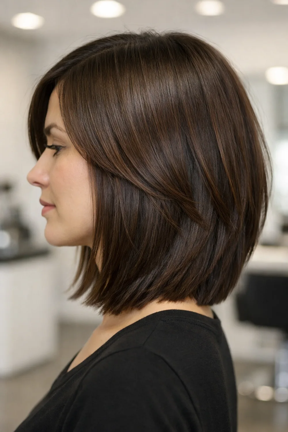 layered long bob haircut side profile smooth glossy lob, shoulder length layered haircut, modern women hairstyle