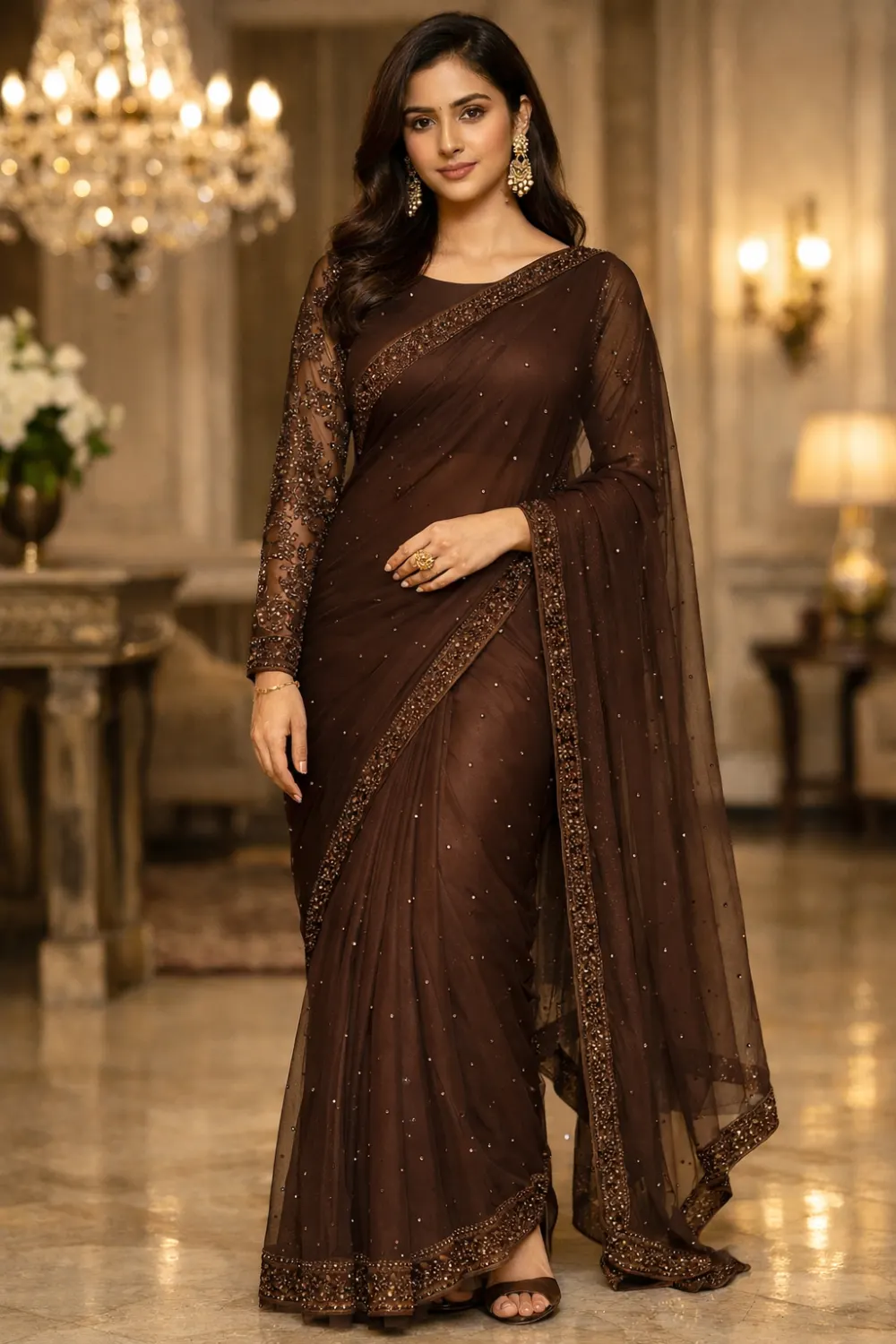 chocolate brown sheer luxury net saree elegant embroidered evening party wear designer saree