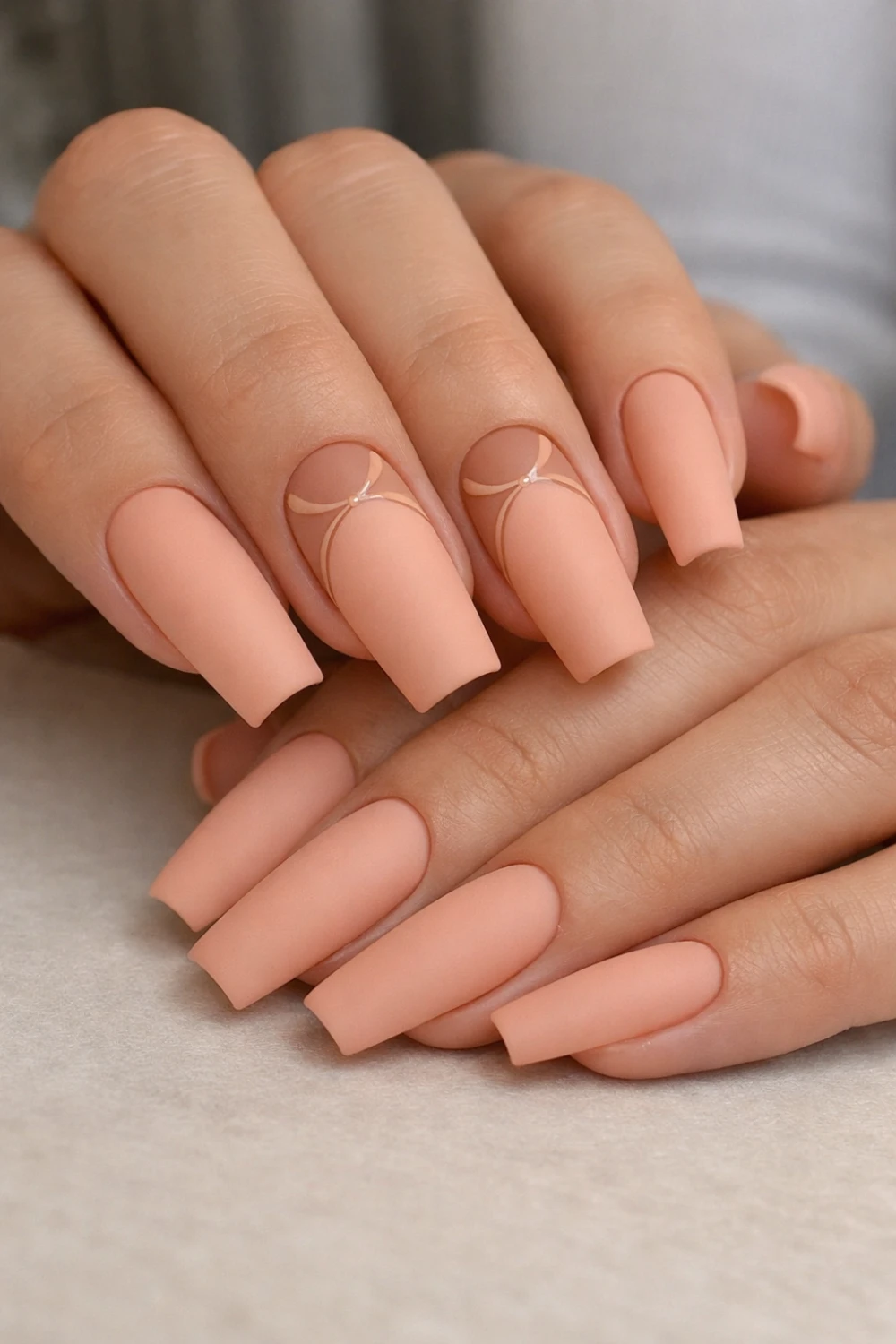 matte peach coffin nails with minimalist line nail art and tiny pearl details elegant manicure inspiration
