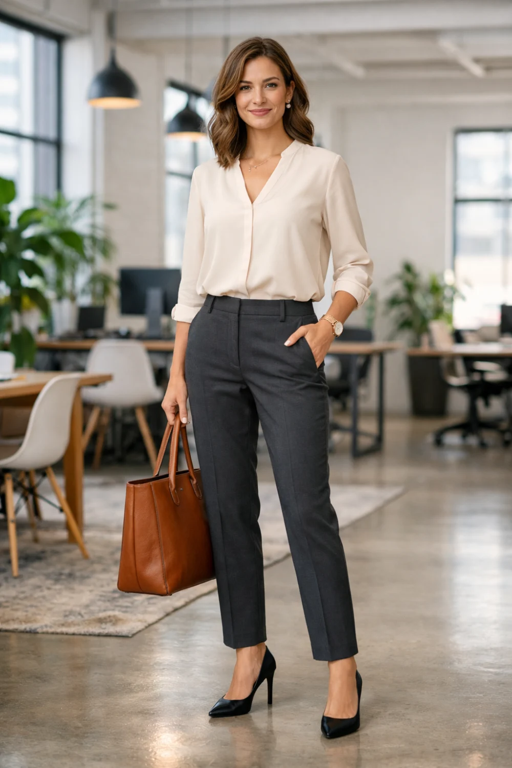classic blouse with tailored office trousers professional outfit women modern workwear fashion