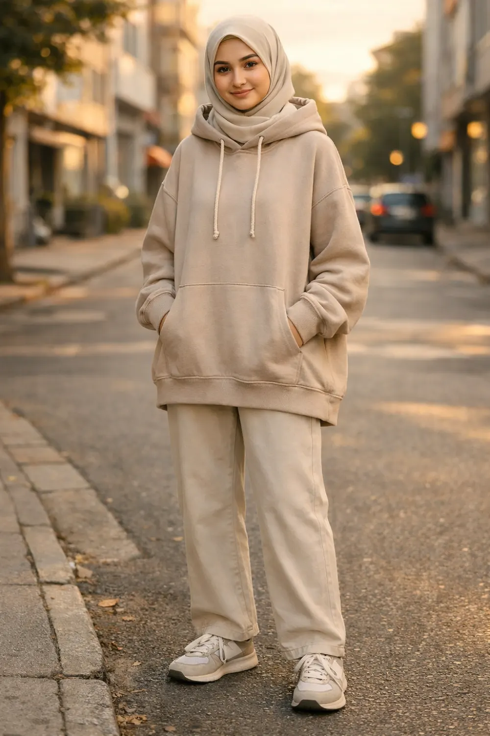 Relaxed modest outfit featuring an oversized hoodie with straight pants and sneakers for a cozy casual modest street style look.