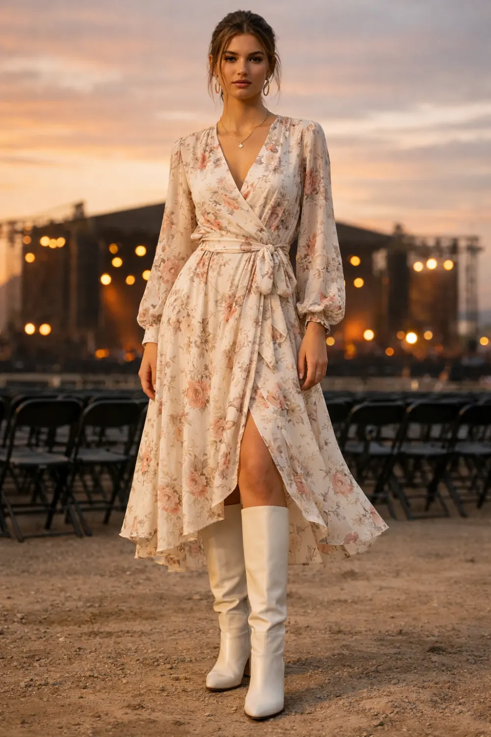 floral wrap midi dress with knee high boots stylish concert outfit women fall concert outfit ideas