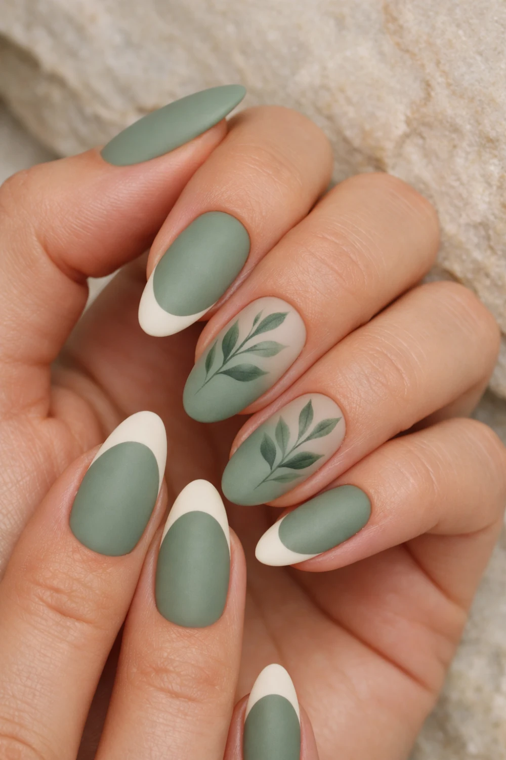 matte sage green almond nails with botanical leaf nail art and french tips nature inspired manicure inspiration